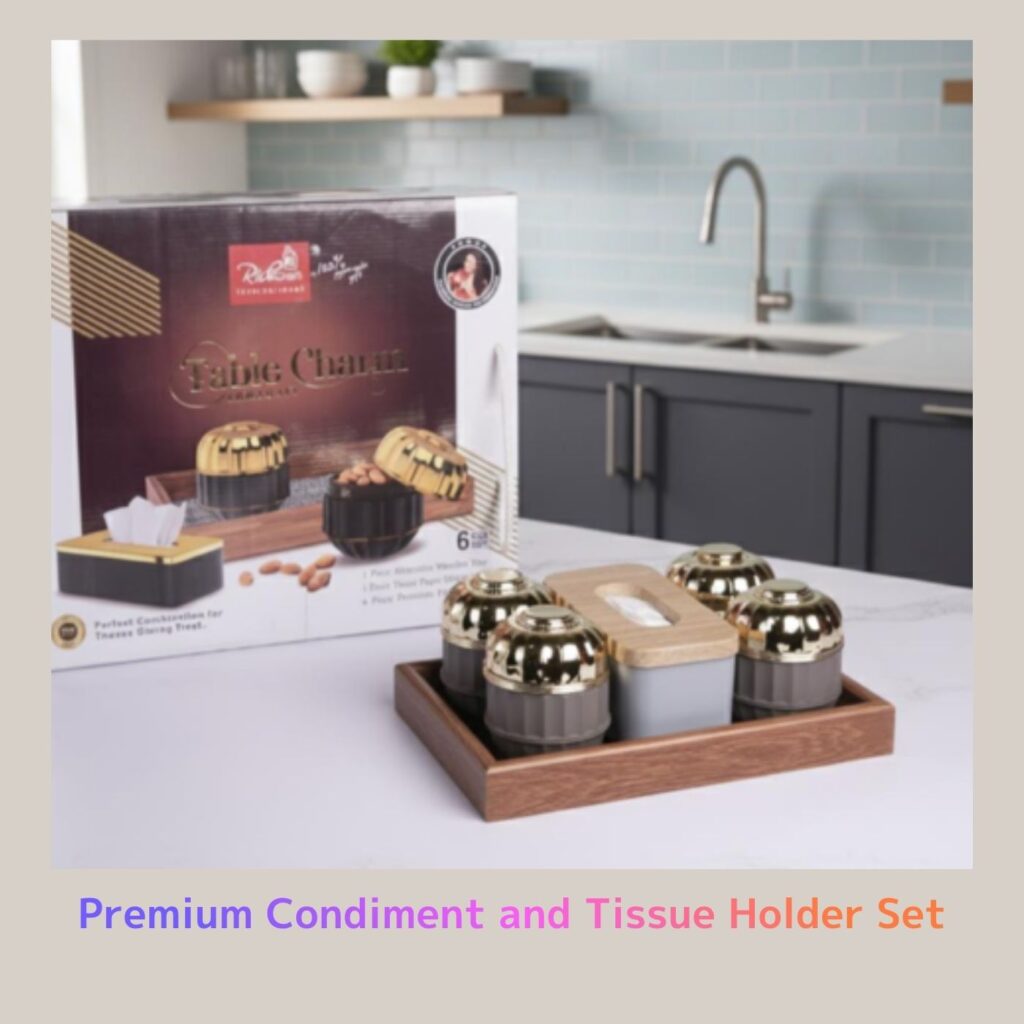 RichCraft Premium Dry Fruit Jar Set with Tissue Holder – 6 Piece Designer Condiment and Table Organizer Set with Gold Lids