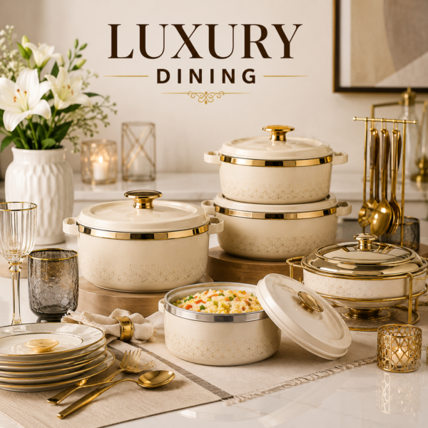 Luxury dining category featuring premium casseroles and elegant serveware