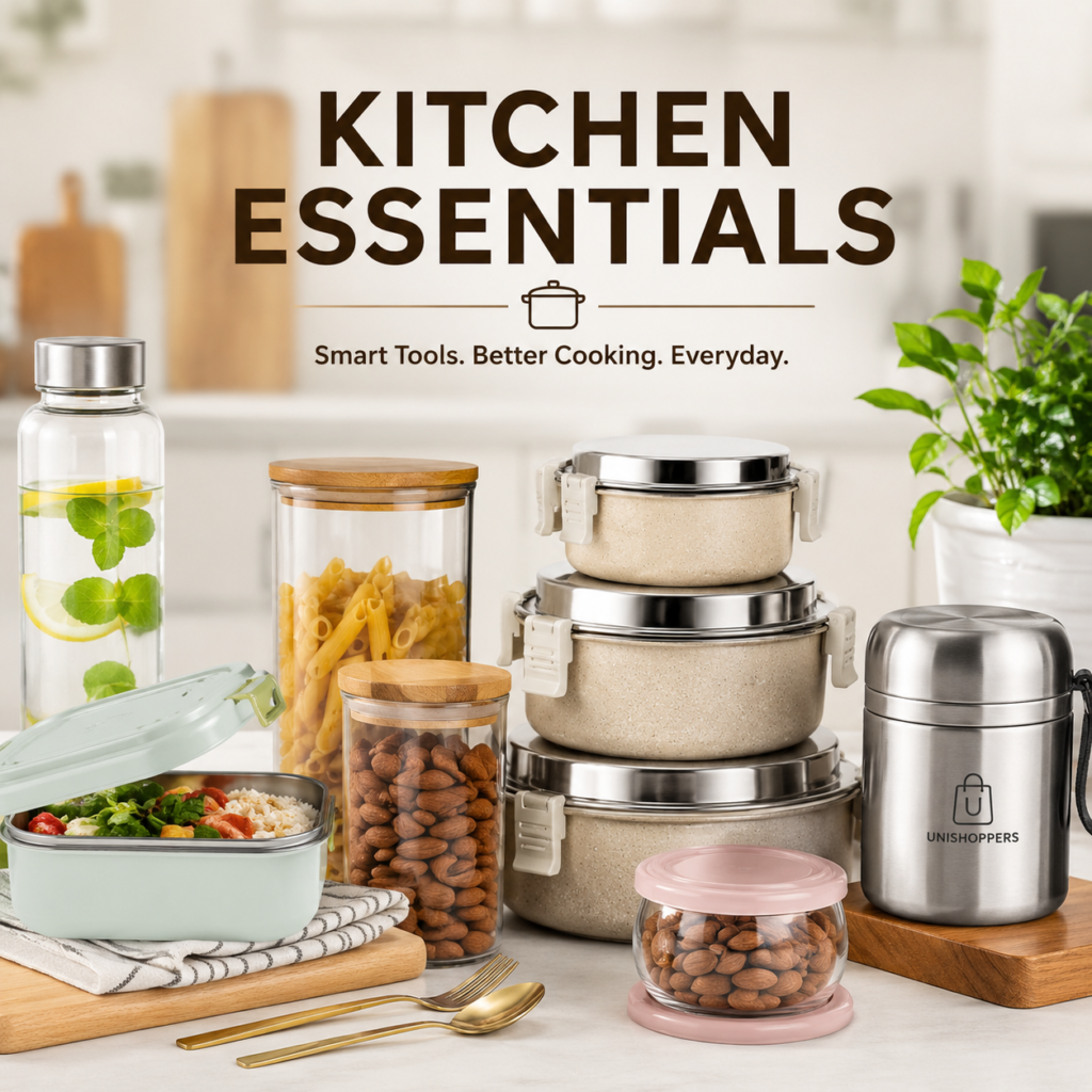 Kitchen essentials category featuring insulated lunch boxes, casseroles, storage containers and premium kitchen accessories