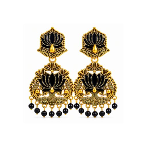 Black Peacock Lotus Chandbali Earrings with Antique Gold Finish for Women and Girls