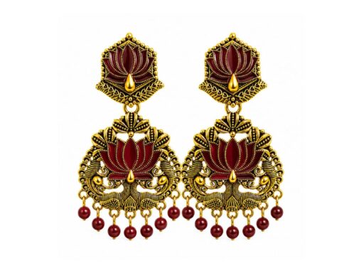 Brown Peacock Lotus Chandbali Earrings with Antique Gold Finish for Women and Girls