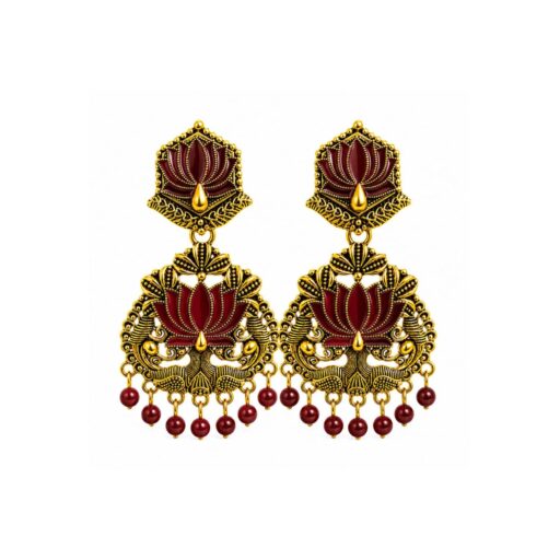 Brown Peacock Lotus Chandbali Earrings with Antique Gold Finish for Women and Girls