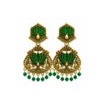 Green Peacock Lotus Chandbali Earrings with Antique Gold Finish for Women and Girls
