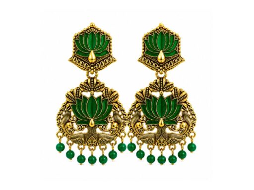 Green Peacock Lotus Chandbali Earrings with Antique Gold Finish for Women and Girls