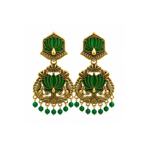 Green Peacock Lotus Chandbali Earrings with Antique Gold Finish for Women and Girls