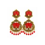 Red Peacock Lotus Chandbali Earrings with Antique Gold Finish for Women and Girls