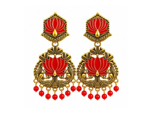 Red Peacock Lotus Chandbali Earrings with Antique Gold Finish for Women and Girls