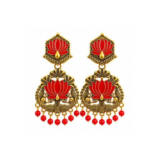 Red Peacock Lotus Chandbali Earrings with Antique Gold Finish for Women and Girls