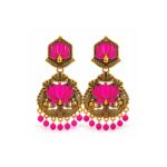 Pink Peacock Lotus Chandbali Earrings with Antique Gold Finish for Women and Girls
