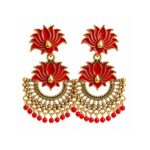 Red Crescent Lotus Earrings with Antique Gold Finish for Women and Girls