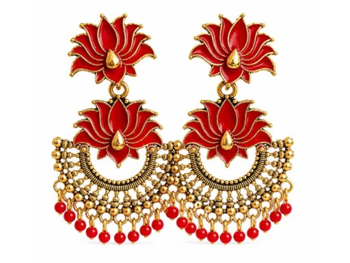 Red Crescent Lotus Earrings with Antique Gold Finish for Women and Girls
