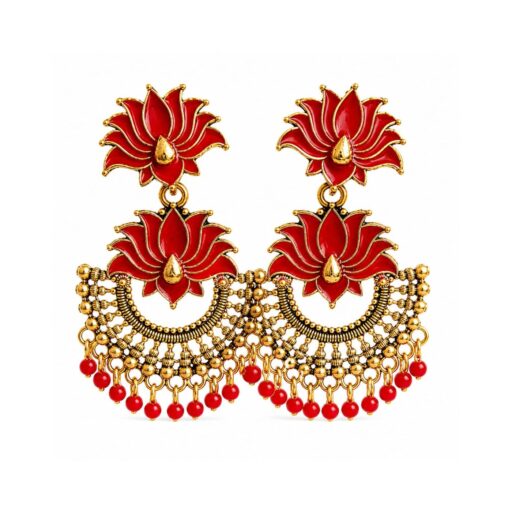 Red Crescent Lotus Earrings with Antique Gold Finish for Women and Girls