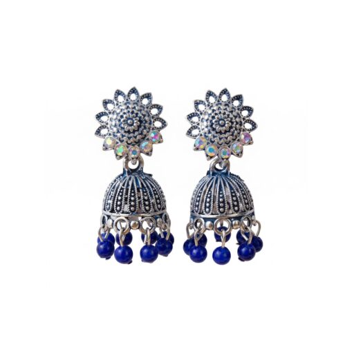 Antique Silver Oxidized blue Beads Jhumka Earrings for Women