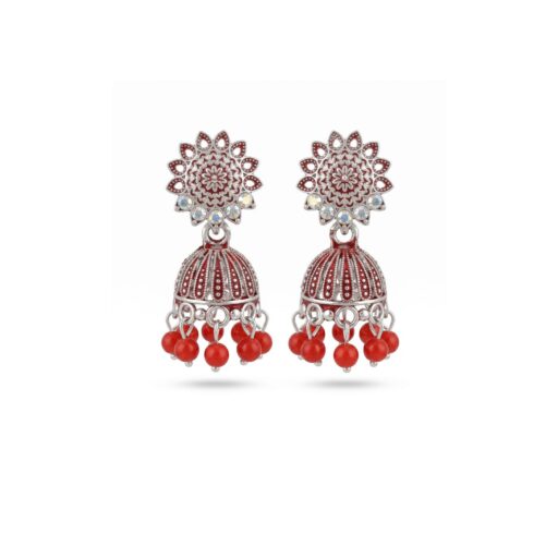 Antique Silver Oxidized Red Beads Jhumka Earrings