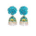 Turquoise Meenakari Jhumka Earrings with Pearl Drops & Crystal Floral Design for Women & Girls - Image 2