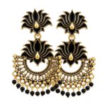 Black Crescent Lotus Earrings with Antique Gold Finish for Women and Girls