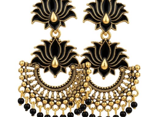 Black Crescent Lotus Earrings with Antique Gold Finish for Women and Girls