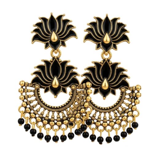 Black Crescent Lotus Earrings with Antique Gold Finish for Women and Girls