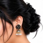 Turquoise meenakari jhumka black earrings with pearl drops and crystal floral design for women and girls