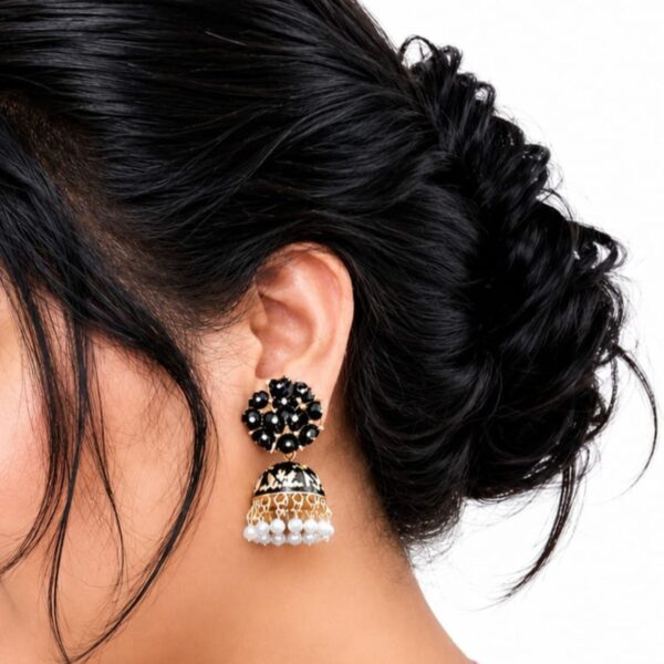 Turquoise meenakari jhumka black earrings with pearl drops and crystal floral design for women and girls