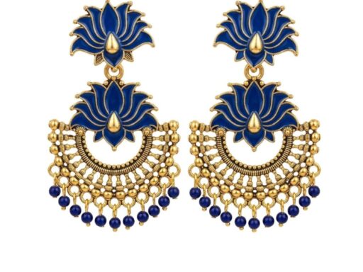 Blue Crescent Lotus Earrings with Antique Gold Finish for Women and Girls