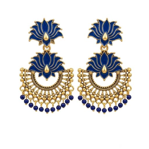 Blue Crescent Lotus Earrings with Antique Gold Finish for Women and Girls