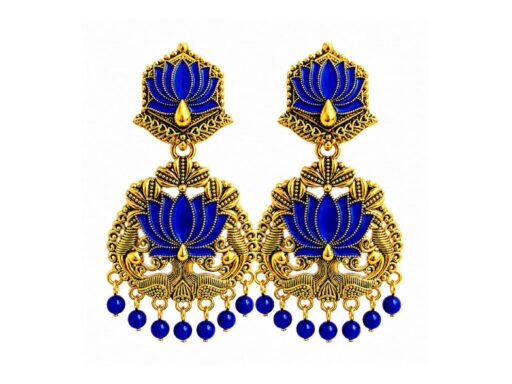 Blue Peacock Lotus Chandbali Earrings with Antique Gold Finish for Women and Girls