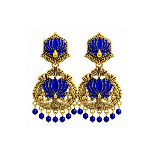 Blue Peacock Lotus Chandbali Earrings with Antique Gold Finish for Women and Girls