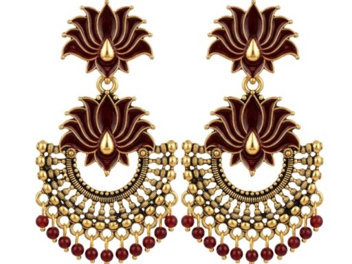 Nrown Crescent Lotus Earrings with Antique Gold Finish for Women & Girls