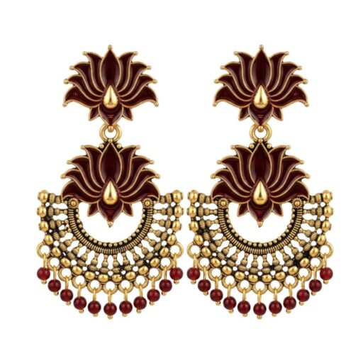 Nrown Crescent Lotus Earrings with Antique Gold Finish for Women & Girls