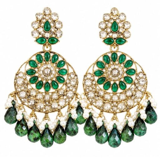 Green kundan chandbali earrings with crystal stones, pearl accents and pink teardrop bead hangings for women