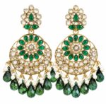 Green kundan chandbali earrings with crystal stones, pearl accents and pink teardrop bead hangings for women