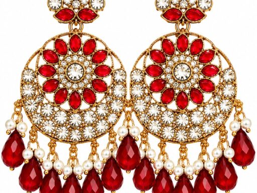 Red kundan chandbali earrings with crystal stones, pearl accents and pink teardrop bead hangings for women
