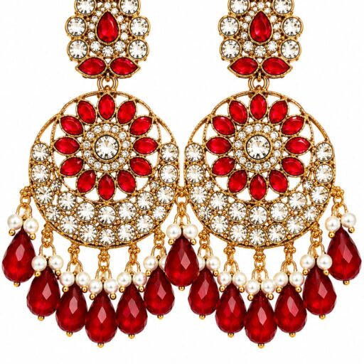 Red kundan chandbali earrings with crystal stones, pearl accents and pink teardrop bead hangings for women