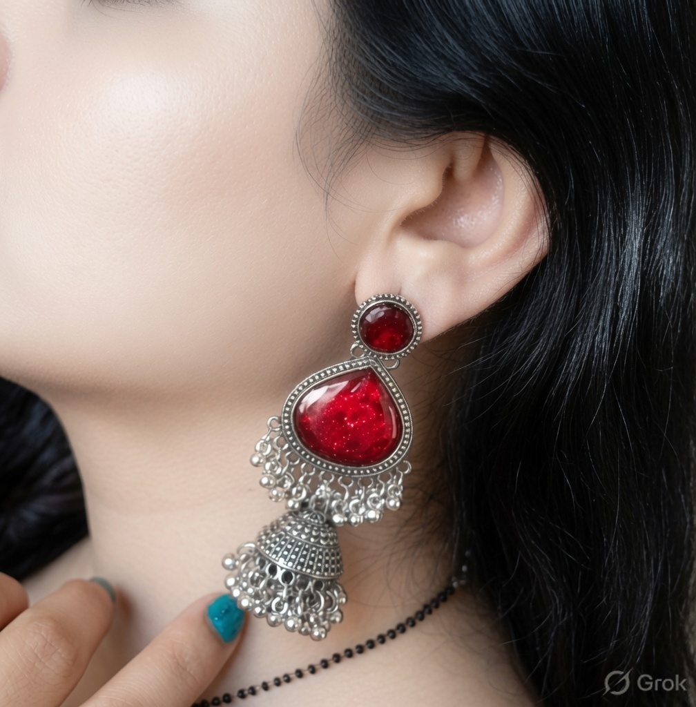 Woman wearing red stone silver jhumka earrings with intricate oxidised silver detailing