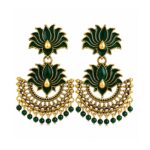 Green Crescent Lotus Earrings with Antique Gold Finish for Women and Girls