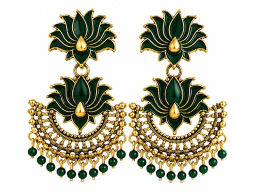 Green Crescent Lotus Earrings with Antique Gold Finish for Women and Girls