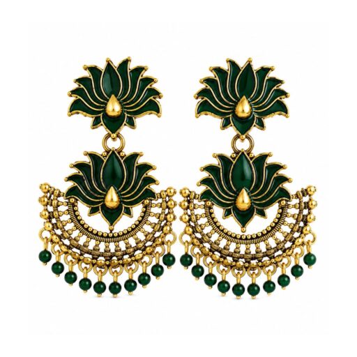 Green Crescent Lotus Earrings with Antique Gold Finish for Women and Girls