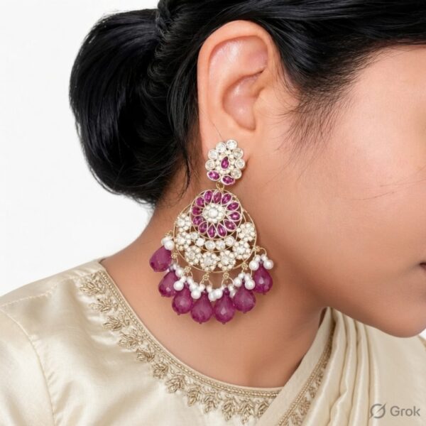 Kundan Chandbali Earrings with Pearl Drops & Crystal Floral Design for Women & Girls.