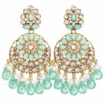 pista kundan chandbali earrings with crystal stones, pearl accents and pink teardrop bead hangings for women