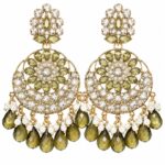 mehandi green kundan chandbali earrings with crystal stones, pearl accents and pink teardrop bead hangings for women