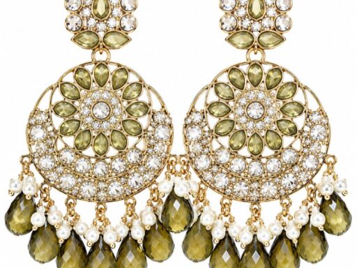 mehandi green kundan chandbali earrings with crystal stones, pearl accents and pink teardrop bead hangings for women
