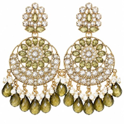 mehandi green kundan chandbali earrings with crystal stones, pearl accents and pink teardrop bead hangings for women