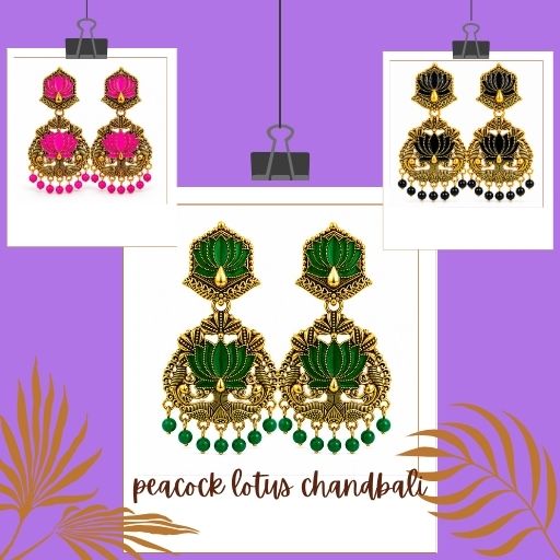 Peacock Lotus Chandbali Earrings with Antique Gold Finish for Women and Girls