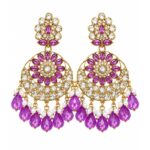 Puple Kundan Chandbali Earrings with Pearl Drops & Crystal Floral Design for Women & Girls.