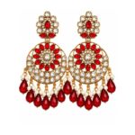 Red kundan chandbali earrings with crystal stones, pearl accents and pink teardrop bead hangings for women