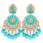 Skyblue kundan chandbali earrings with crystal stones, pearl accents and pink teardrop bead hangings for women
