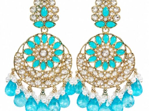 Skyblue kundan chandbali earrings with crystal stones, pearl accents and pink teardrop bead hangings for women