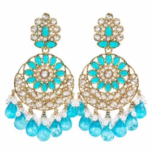 Skyblue kundan chandbali earrings with crystal stones, pearl accents and pink teardrop bead hangings for women