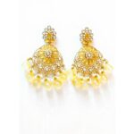 yellow kundan chandbali earrings with crystal stones, pearl accents and pink teardrop bead hangings for women